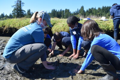 Students stick their hands in the mud at the shoreline